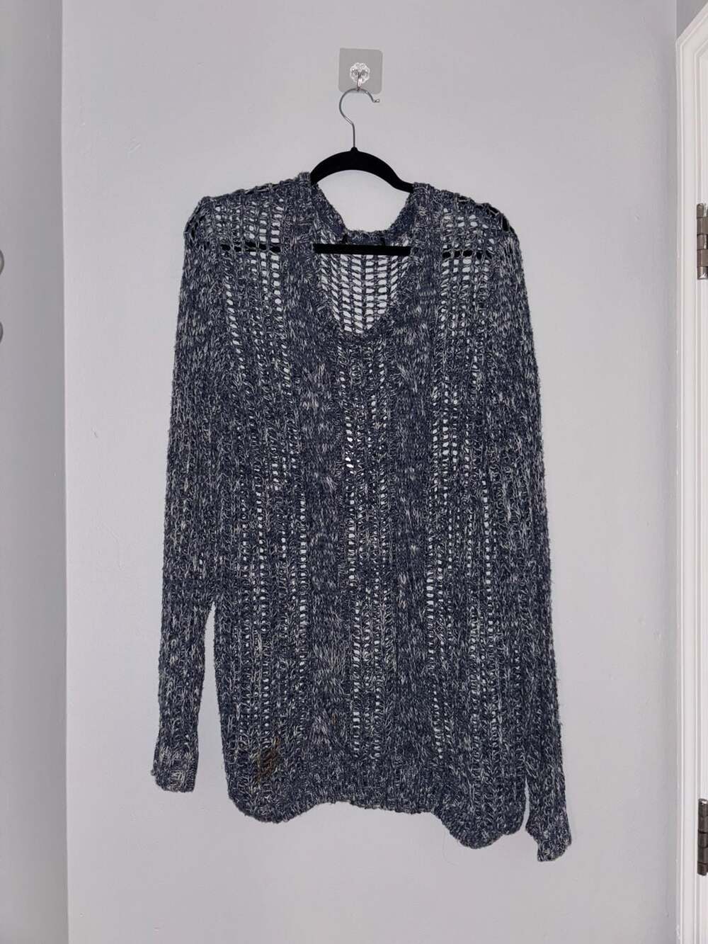 Blue and White Marled Open Knit Long Sleeve Hooded Sweater